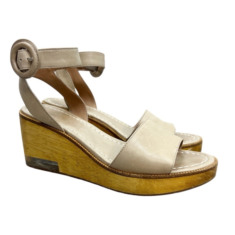 Bernardo Kate beige tan leather wooden platform clear heel ankle strap sandals 9